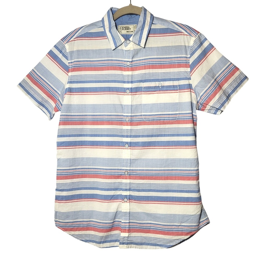 Free Planet Mens Cotton Striped Short Sleeve Button Down Shirt Medium Coastal